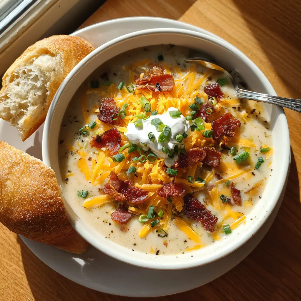 Slow Cooker Loaded Baked Potato Soup topped with cheese, turkey bacon, and green onions