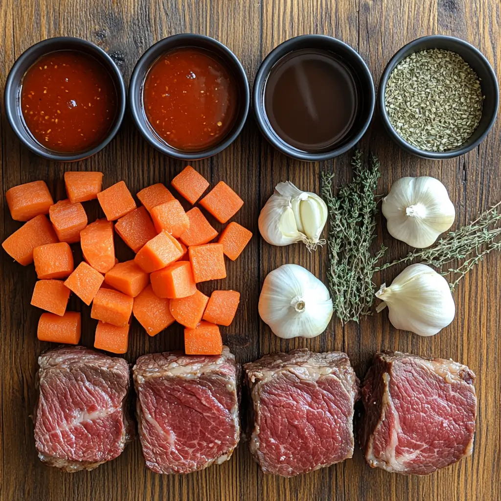 slow cooker pot roast ingredients on wooden table