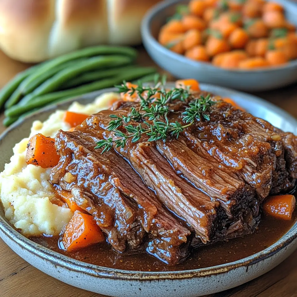 slow cooker pot roast with mashed potatoes and gravy served family-style with vegetables