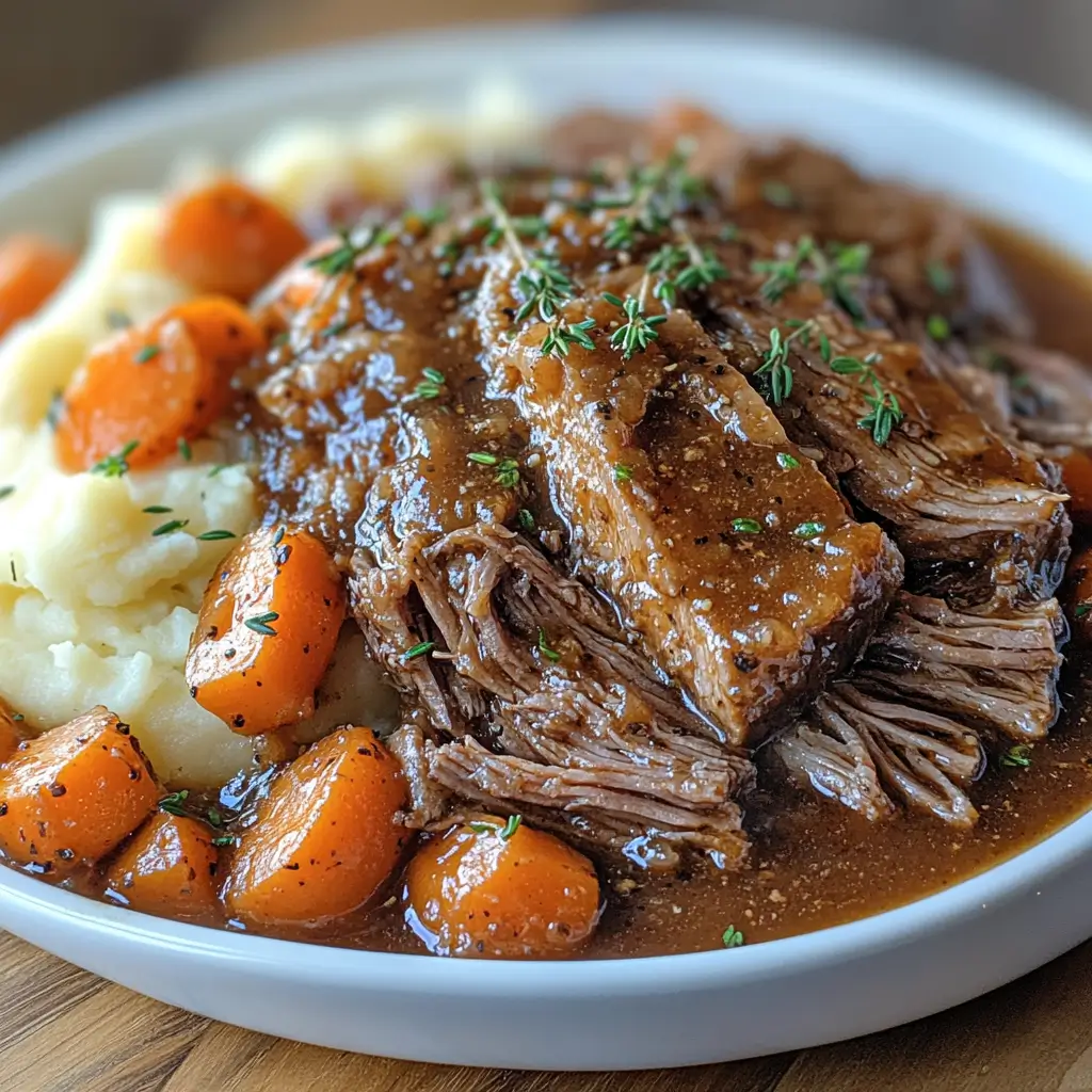 slow cooker pot roast with mashed potatoes and gravy served with carrots and thyme