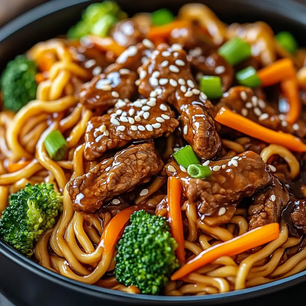 Close-up of beef lo mein noodles coated in glossy soy sauce, topped with sesame seeds, tender beef strips, carrots, broccoli florets, and sliced green onions in a black bowl.