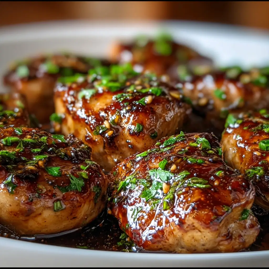Brown Sugar Balsamic Chicken glazed with balsamic vinegar and brown sugar, topped with parsley