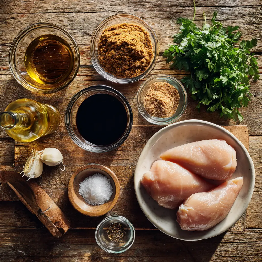 Ingredients for Brown Sugar Balsamic Chicken including balsamic vinegar, brown sugar, garlic, and chicken