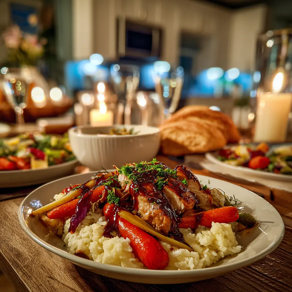 Brown Sugar Balsamic Chicken served over rice with roasted vegetables and salad