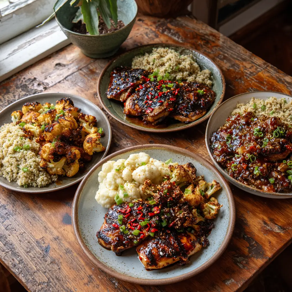 Different versions of Brown Sugar Balsamic Chicken including spicy, smoky, and vegetarian styles