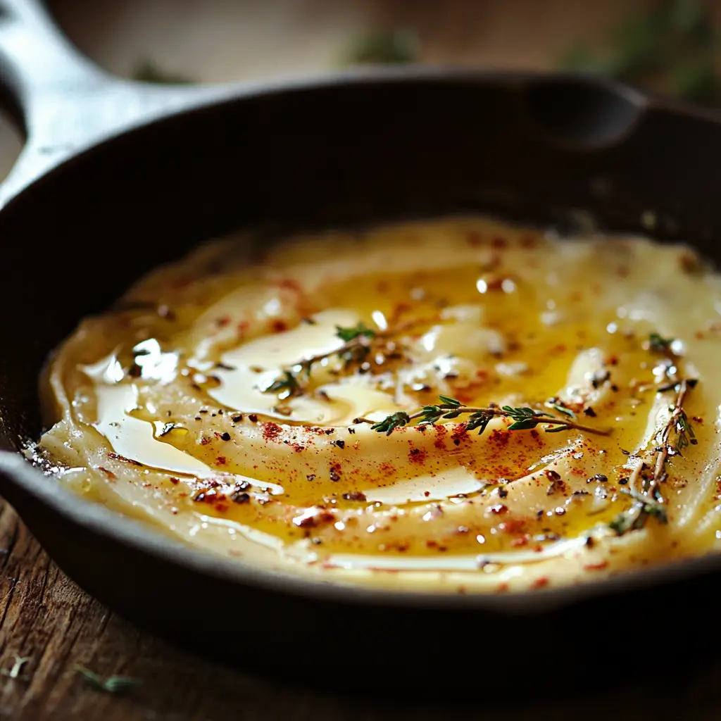 Butter, garlic, paprika, and thyme melting together in a skillet for Crockpot Turkey Breast