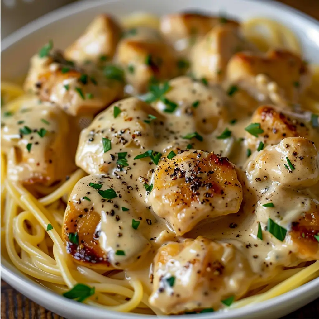 Crockpot Angel Chicken creamy pasta dish with golden chicken and herbs