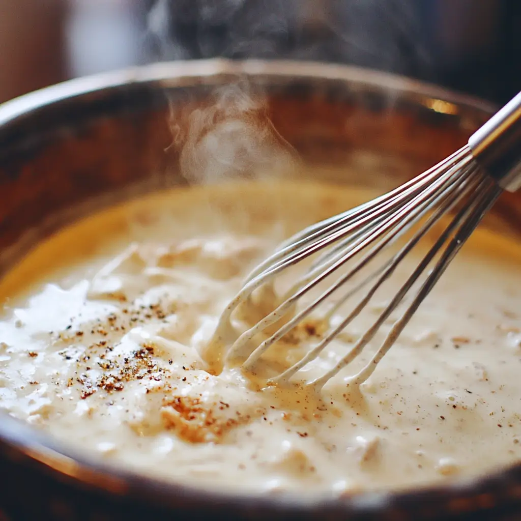 Whisking creamy sauce for Crockpot Angel Chicken inside a crockpot