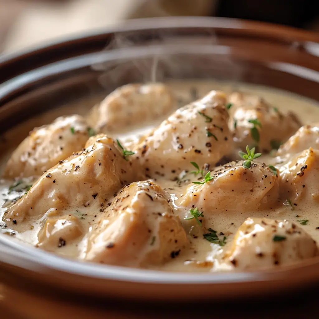 Crockpot Angel Chicken slow cooking in creamy sauce