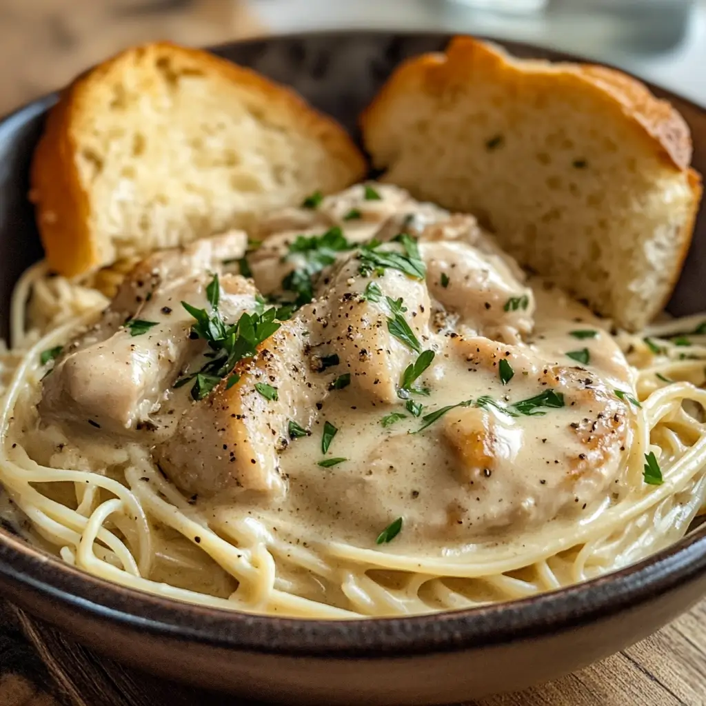 Crockpot Angel Chicken served over angel hair pasta with creamy sauce and parsley