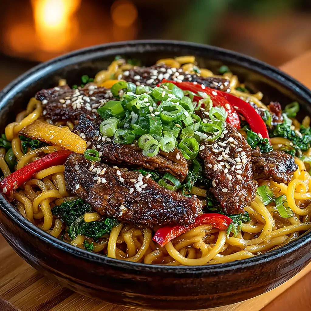 Crockpot Beef Lo Mein served in a bowl with vegetables and sauce