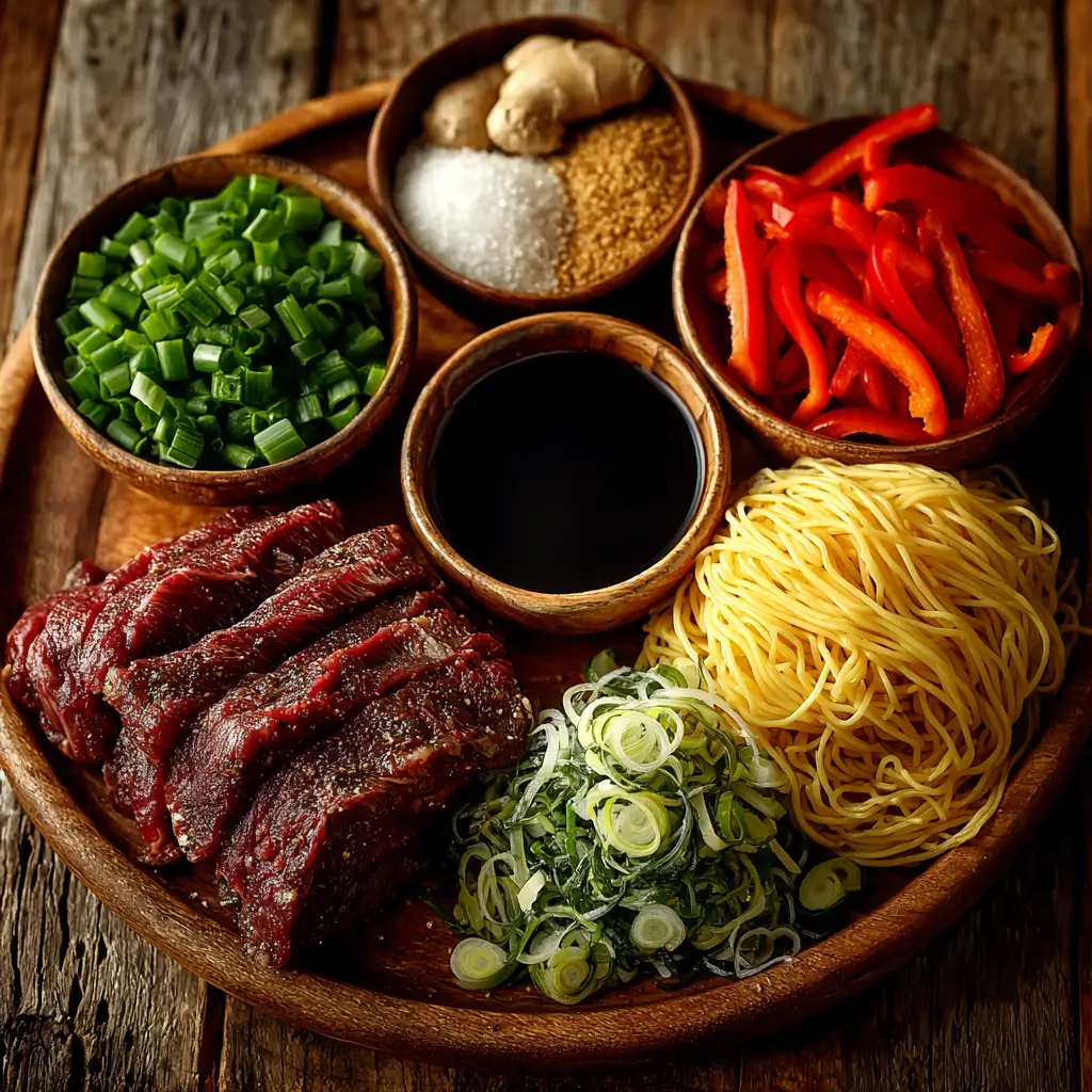 Ingredients for Crockpot Beef Lo Mein on a kitchen table