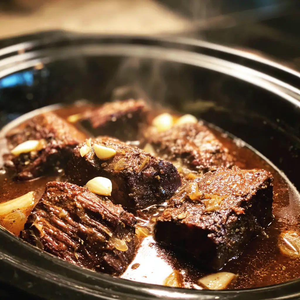 Crockpot Beef Short Ribs simmering in rich sauce with onions and garlic