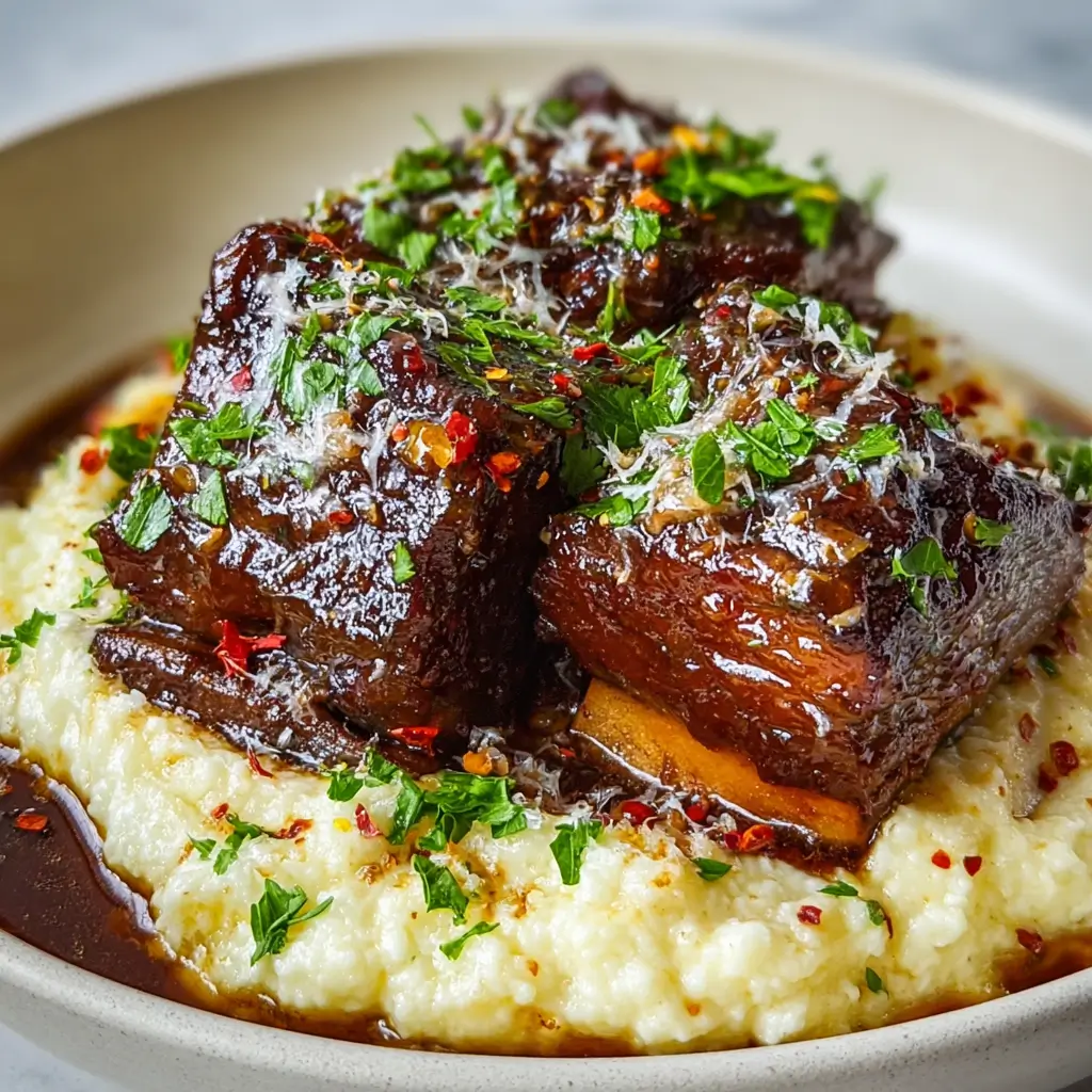 Crockpot Beef Short Ribs with rich glaze served over creamy mashed potatoes, topped with parsley and Parmesan.