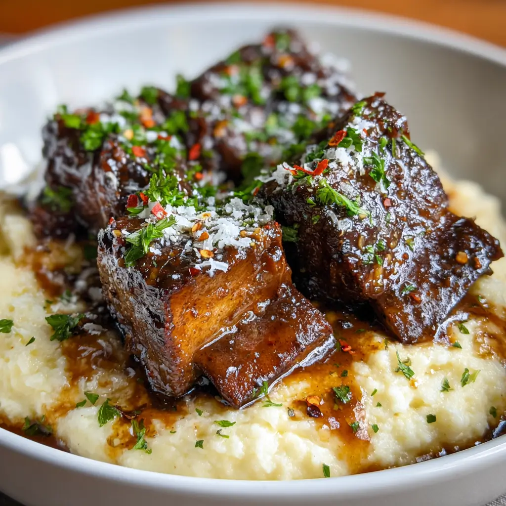 Crockpot Beef Short Ribs plated over mashed potatoes with parsley and Parmesan