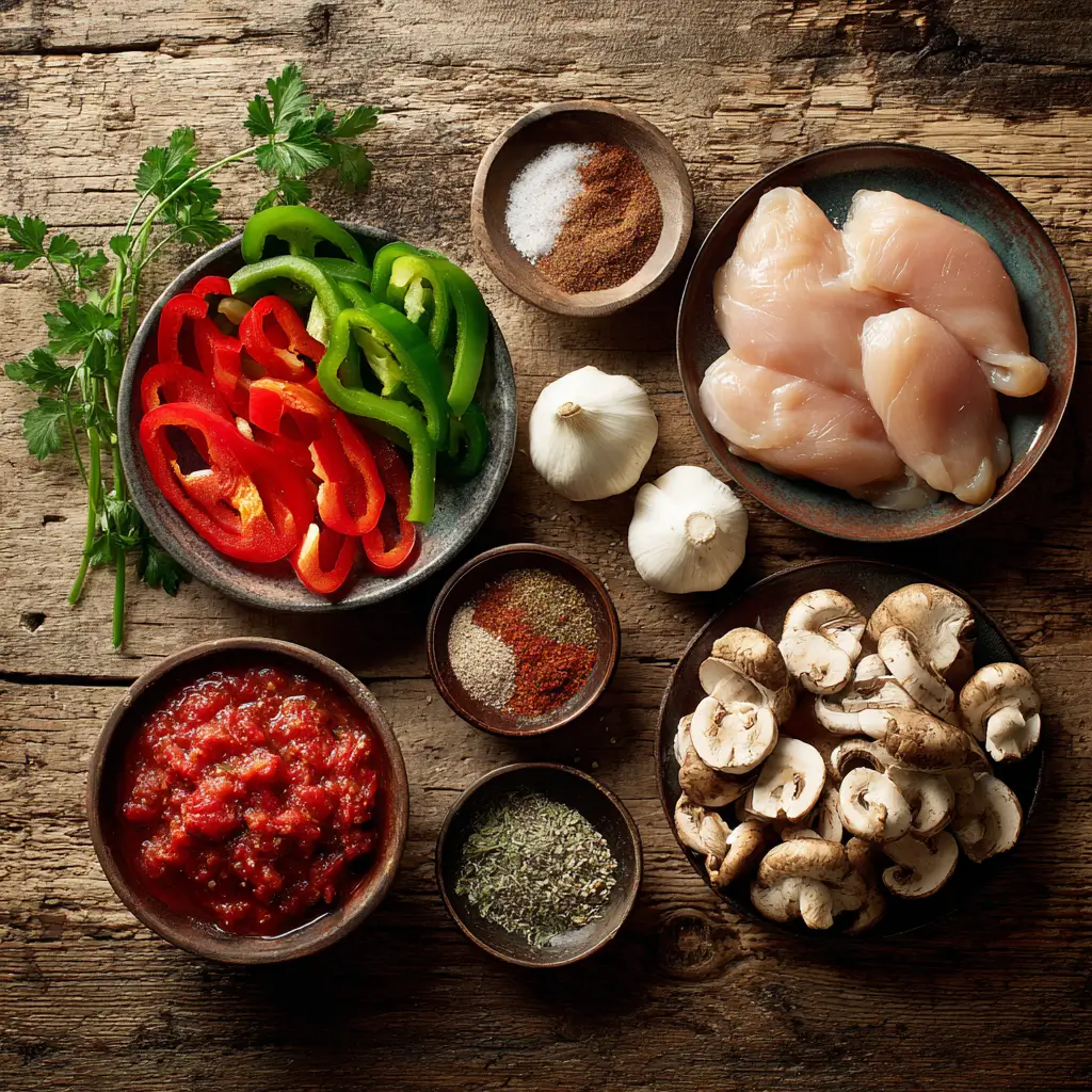 Fresh ingredients for Crockpot Chicken Cacciatore on a wooden counter