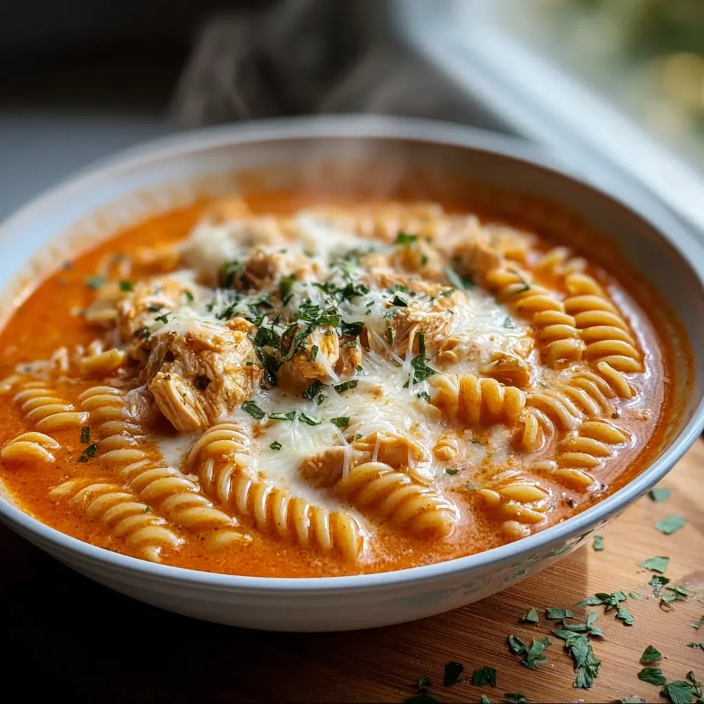 Crockpot Chicken Parm Soup with melted cheese and rotini pasta