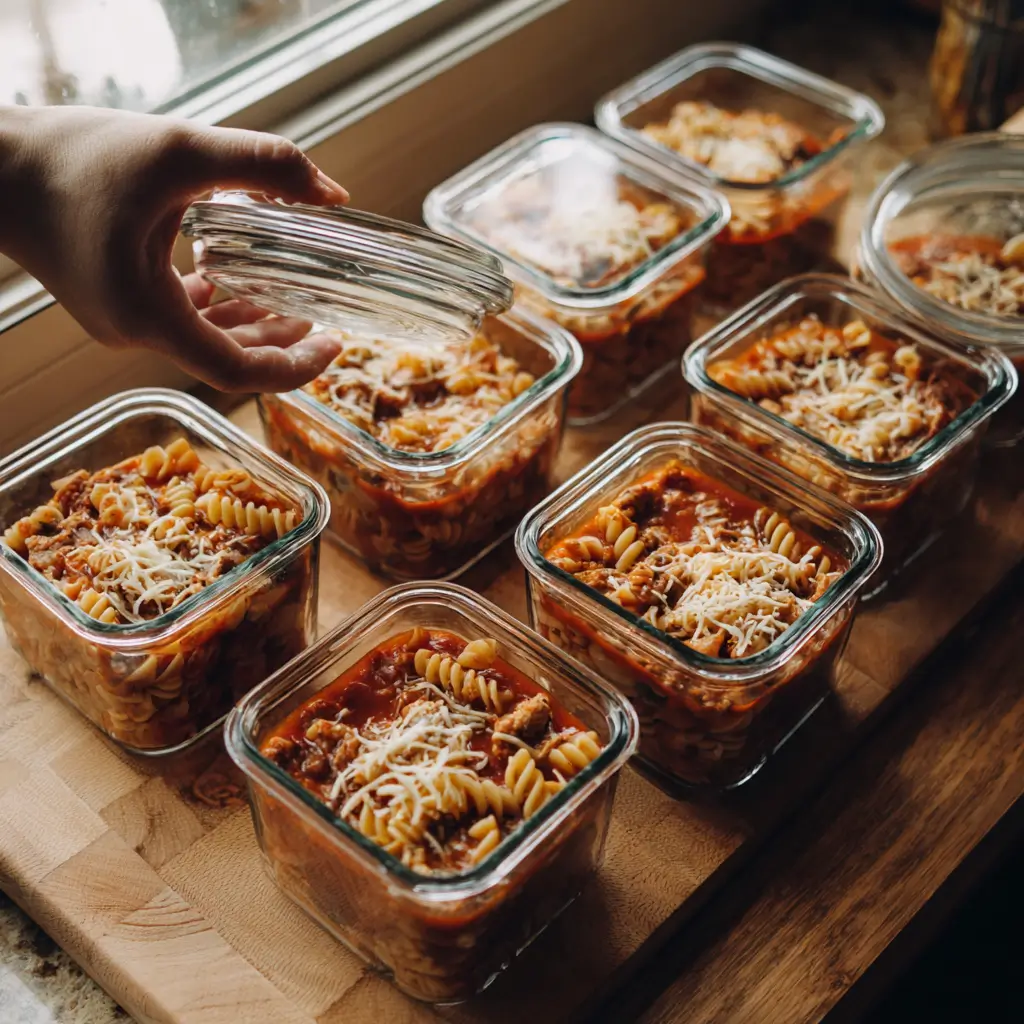 Storing Crockpot Chicken Parm Soup in glass meal prep containers