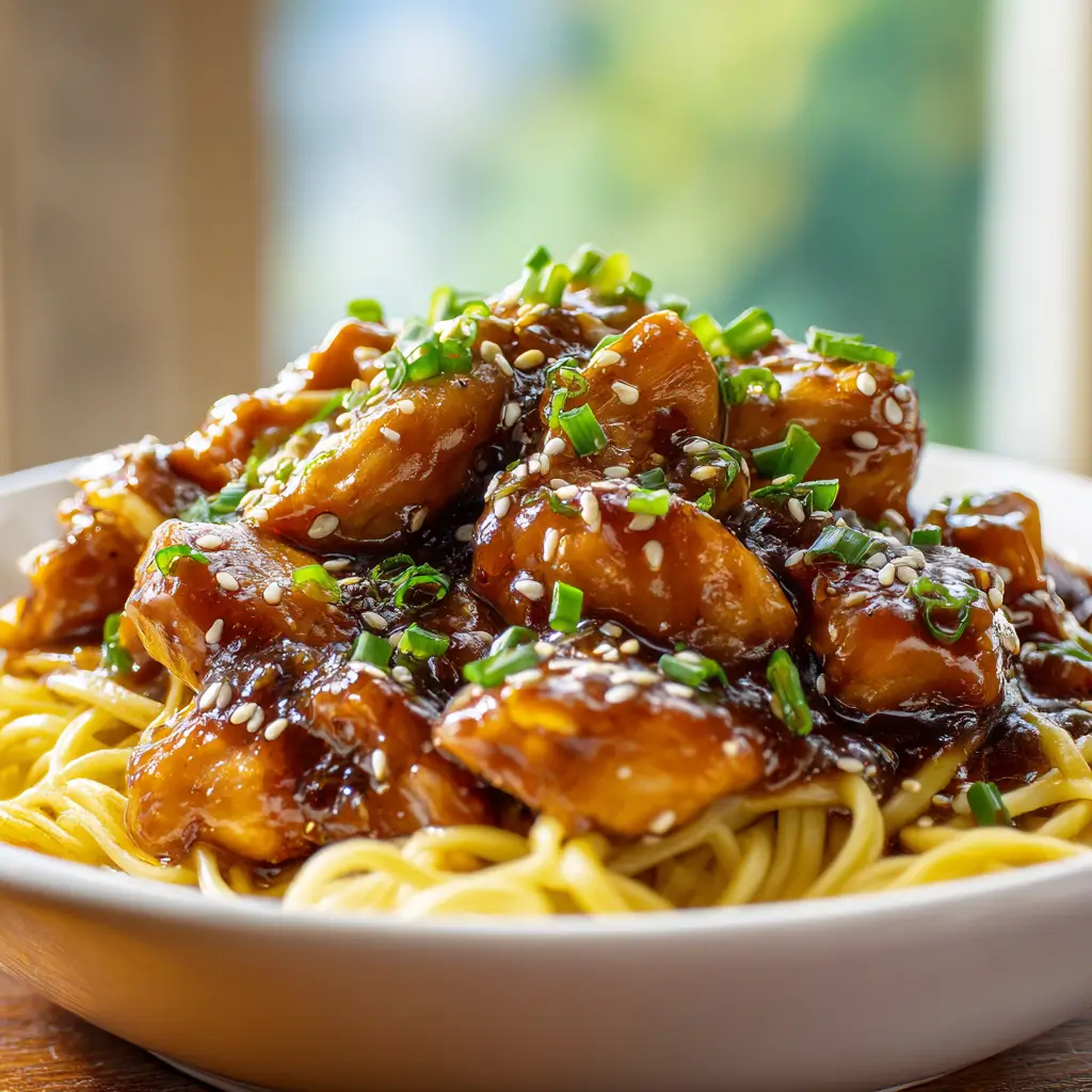 Crockpot Honey Garlic Chicken & Noodles topped with green onions and sesame seeds