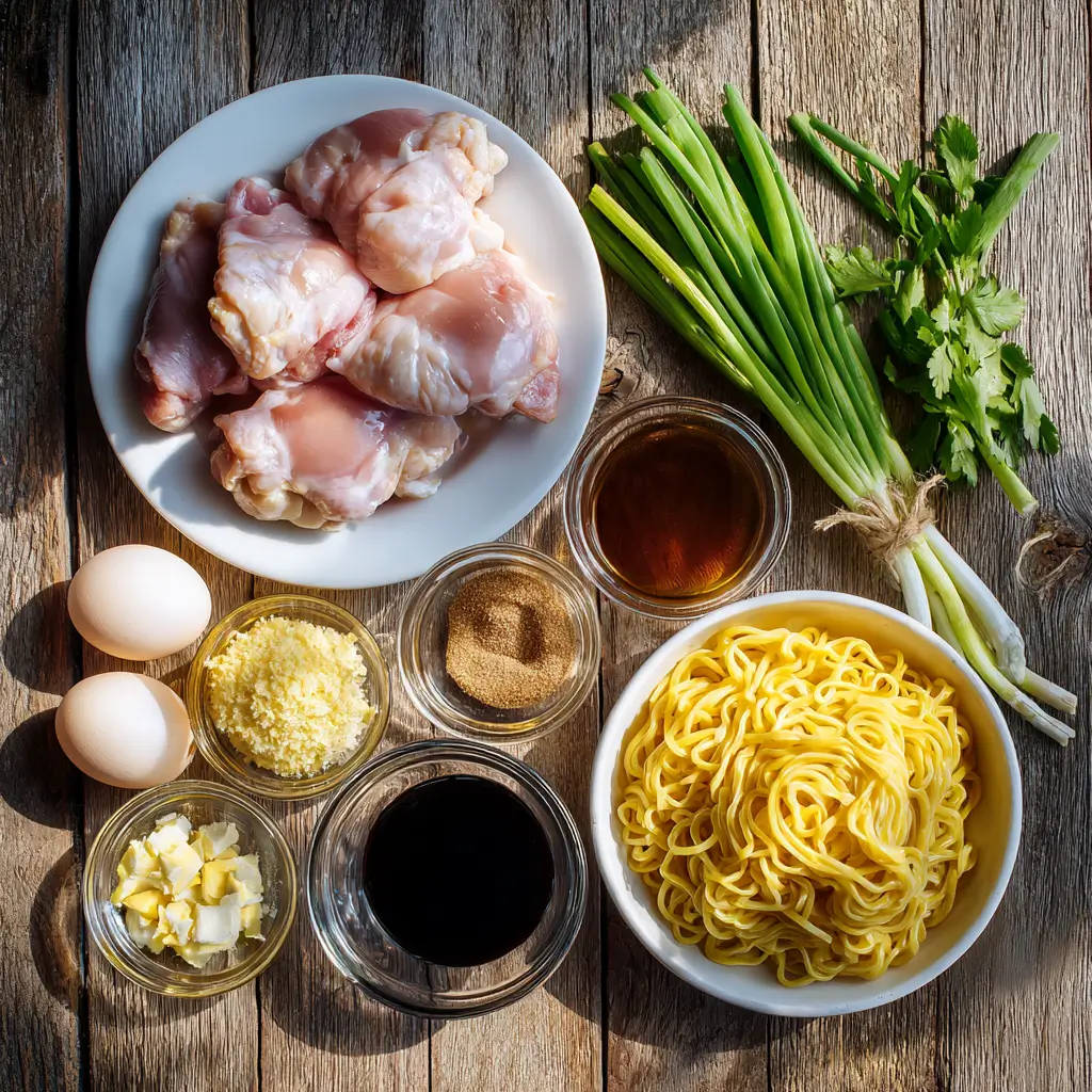 Ingredients for Crockpot Honey Garlic Chicken & Noodles including chicken, honey, soy sauce, garlic, and noodles