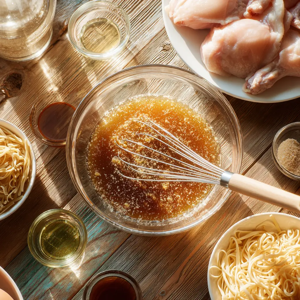 Mixing honey, soy sauce, and garlic in a bowl for Crockpot Honey Garlic Chicken & Noodles