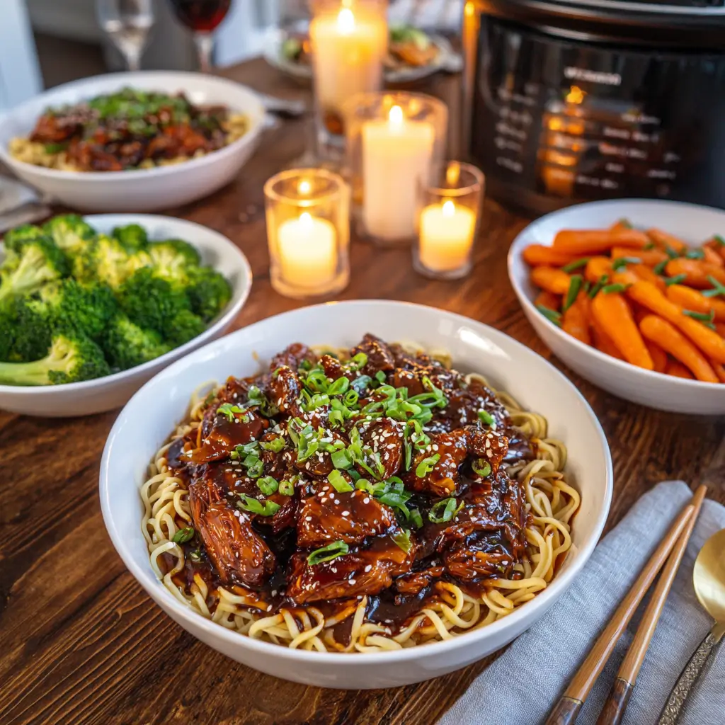Crockpot Honey Garlic Chicken & Noodles served in bowls with vegetables and rice