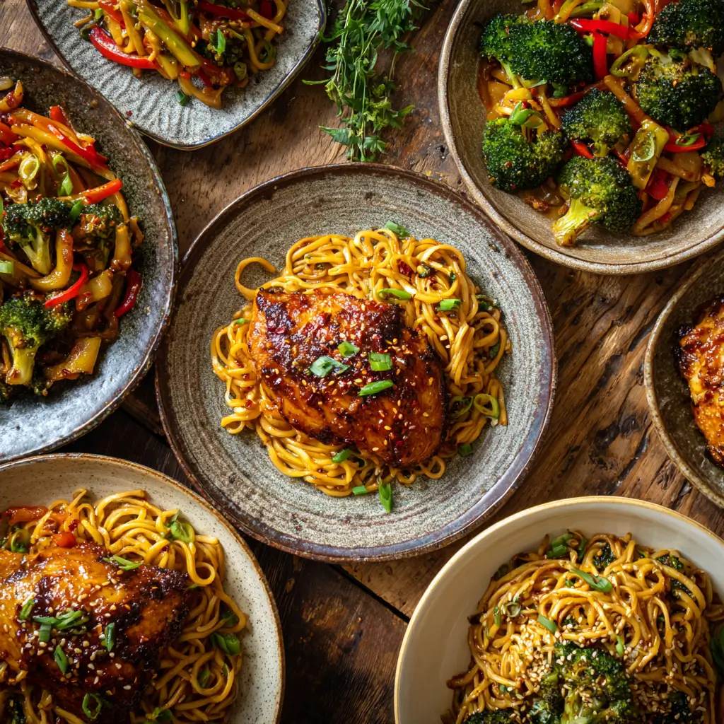 Different versions of Crockpot Honey Garlic Chicken & Noodles with spicy, veggie, and sesame-ginger twists