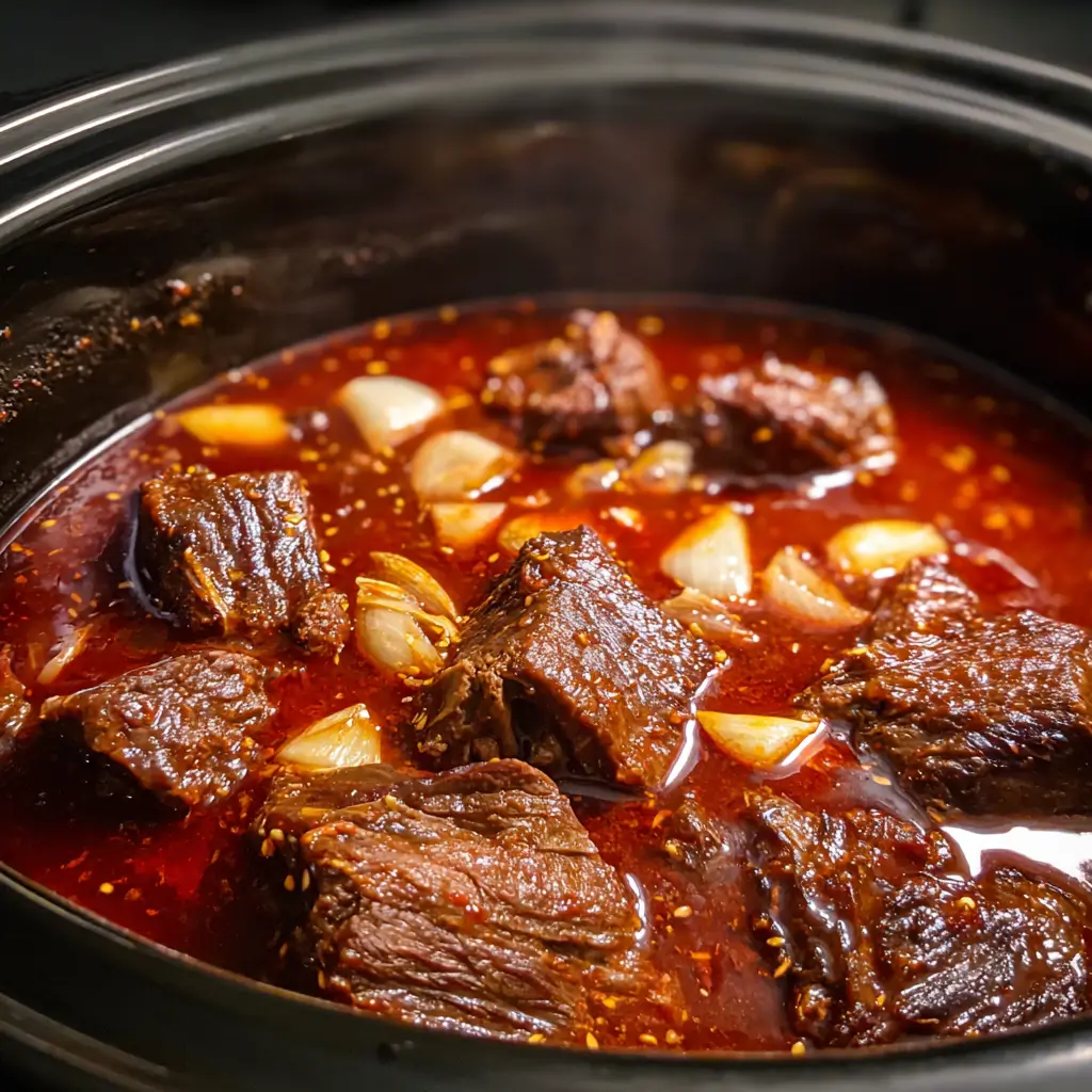 Crockpot Korean-Style Gochujang Pot Roast simmering in glossy sauce.