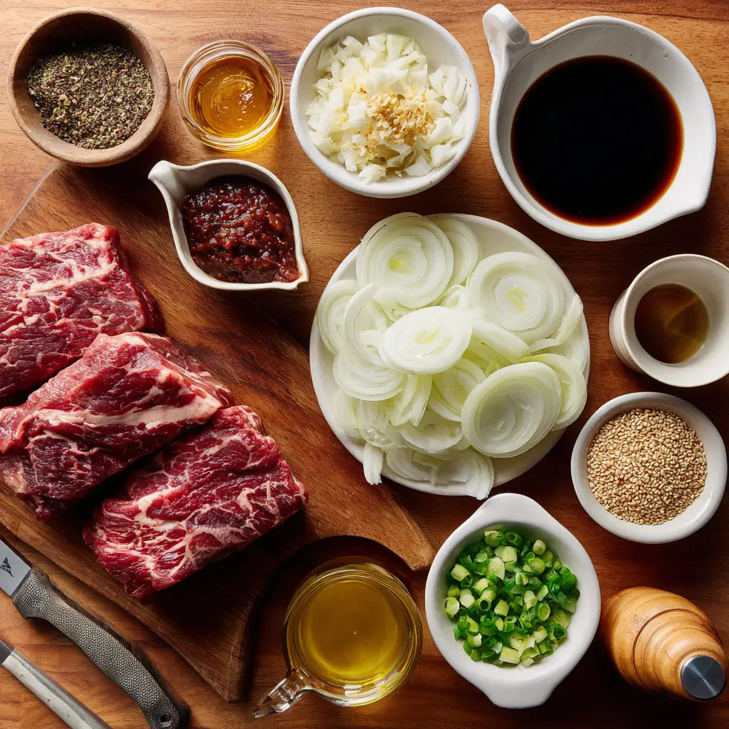 Ingredients for Crockpot Korean-Style Gochujang Pot Roast arranged on a wooden counter.