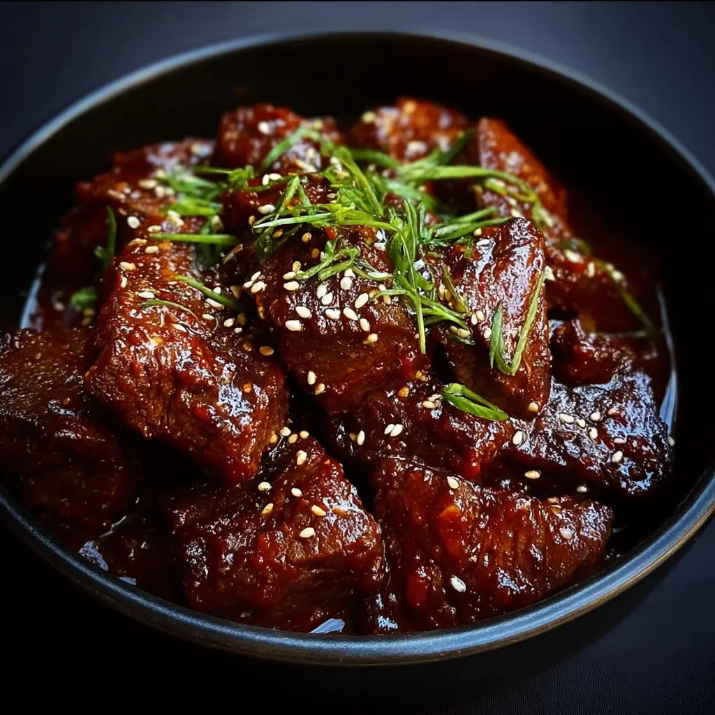 Crockpot Korean-Style Gochujang Pot Roast in glossy gochujang sauce with sesame seeds and green onions.