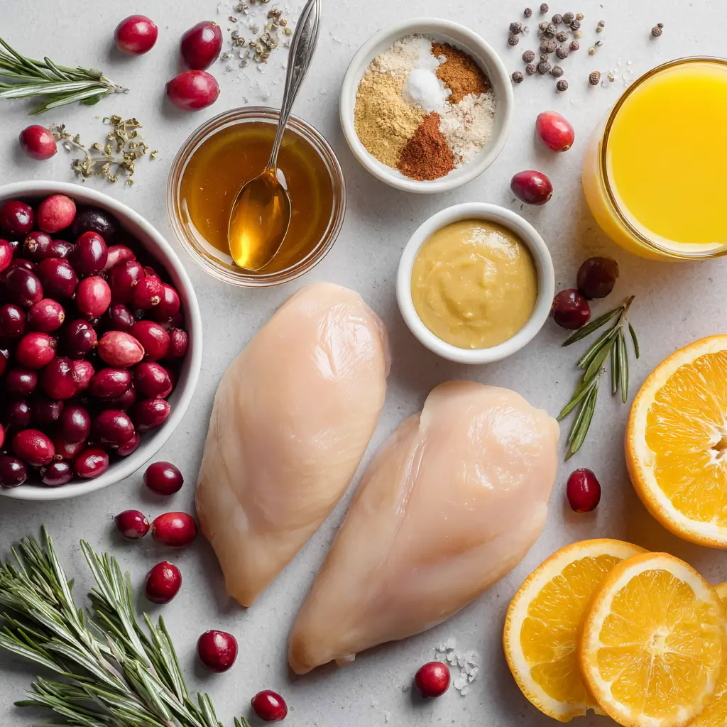 Crockpot Maple Orange Cranberry Chicken ingredients on a light background