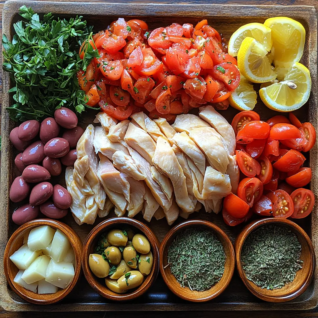 Fresh ingredients for Crockpot Mediterranean Chicken Stew with Artichokes, Beans & Olives on rustic surface