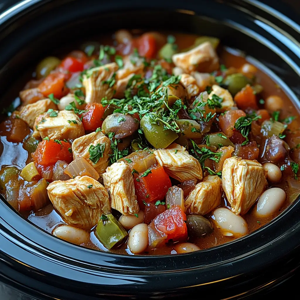 Crockpot filled with uncooked Mediterranean Chicken Stew with artichokes, beans, olives, and tomatoes