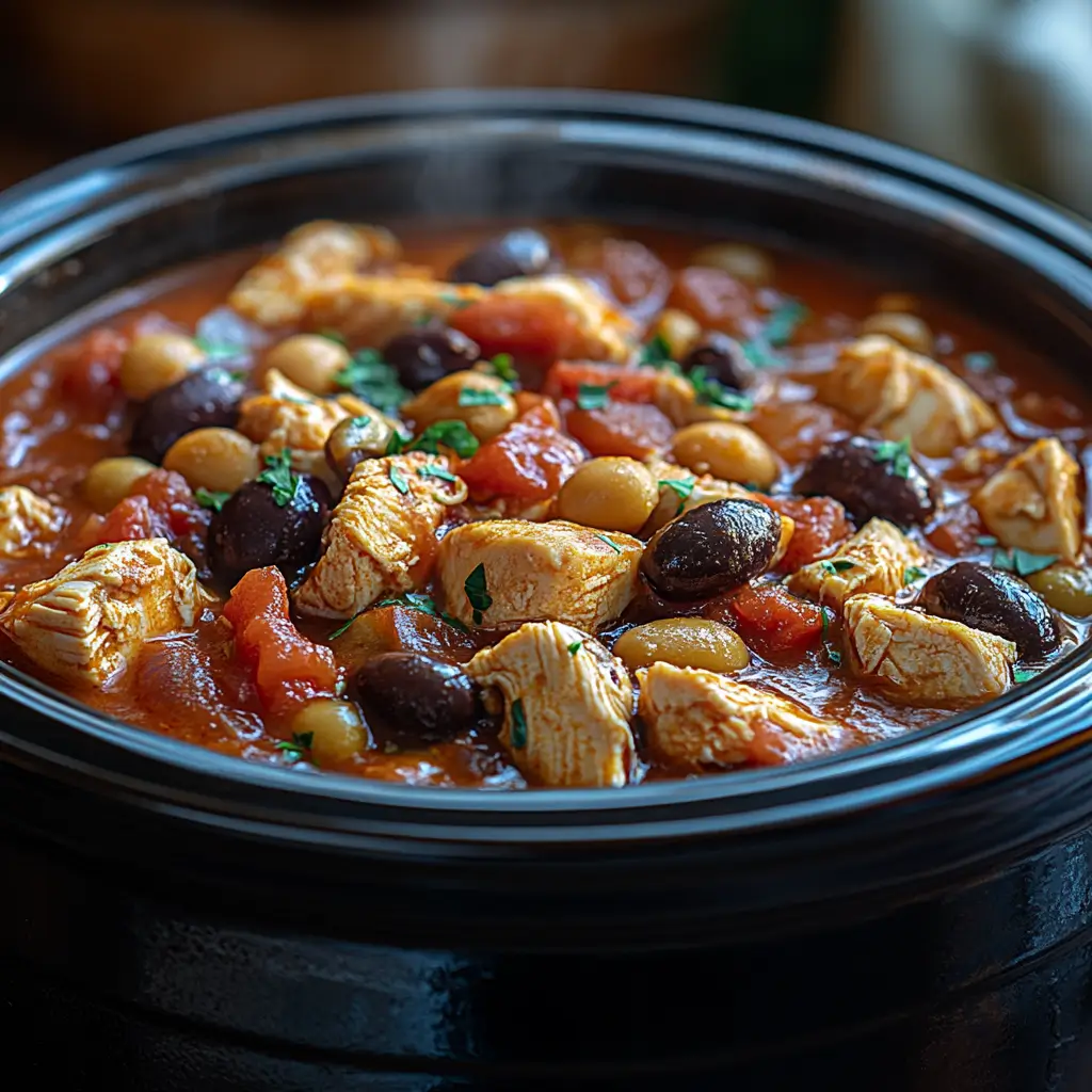 Crockpot Mediterranean Chicken Stew with Artichokes, Beans & Olives simmering in tomato broth