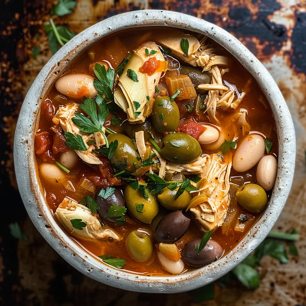 Crockpot Mediterranean Chicken Stew with Artichokes, Beans & Olives final dish top view