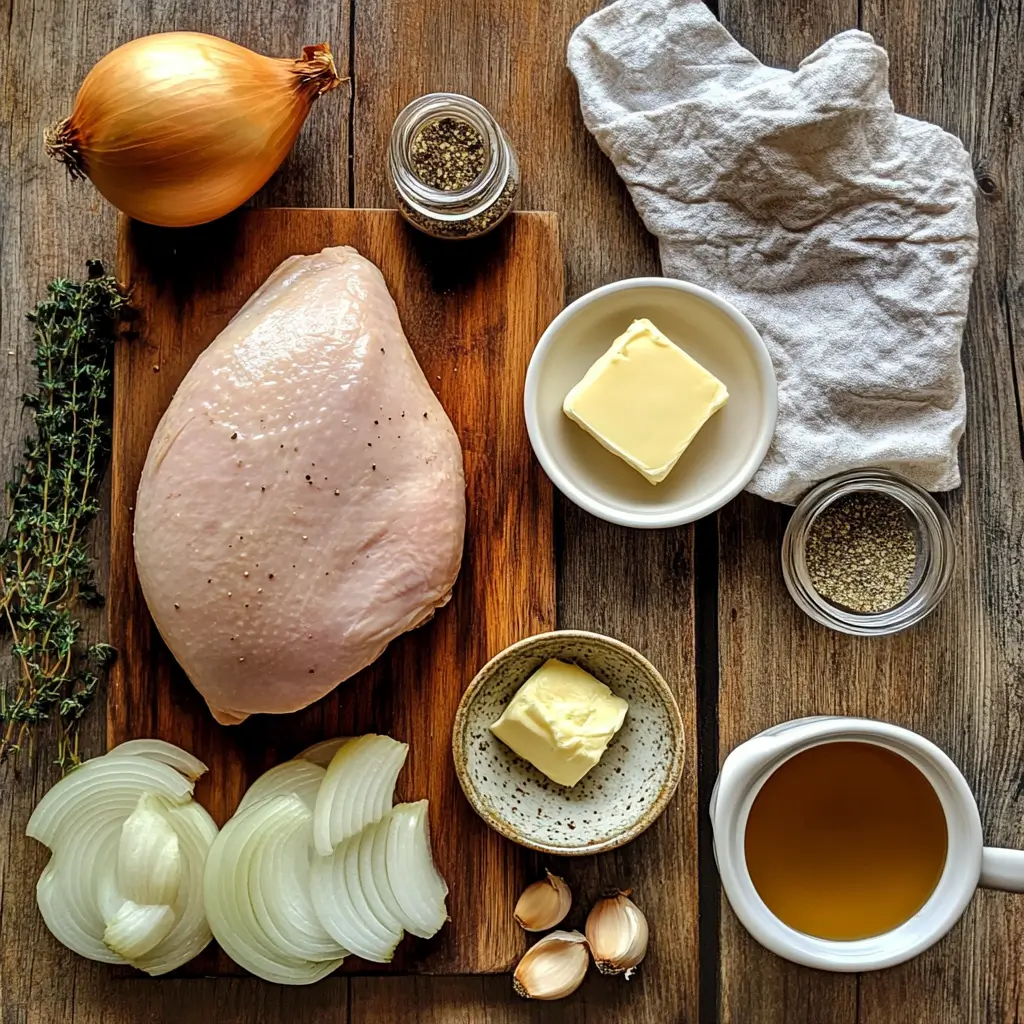 Overhead view of Crockpot Turkey Breast ingredients on a rustic counter