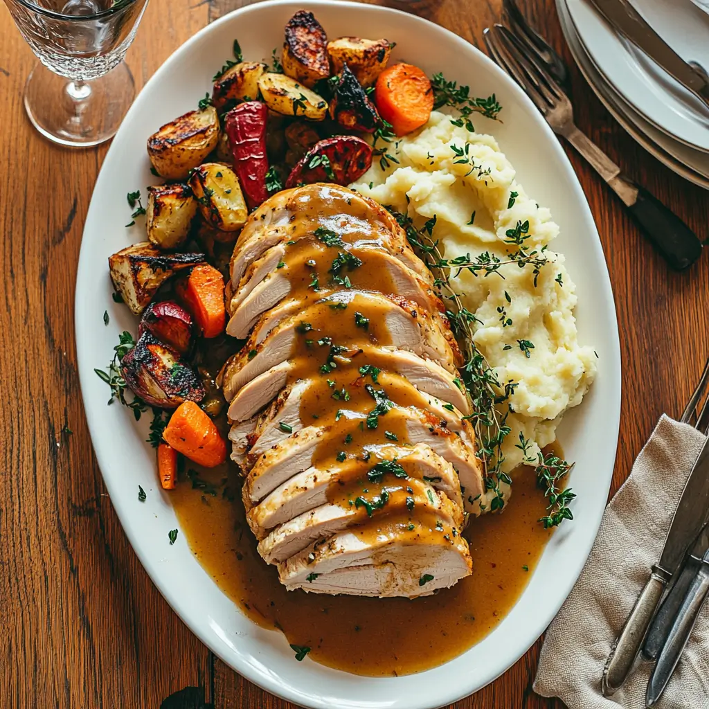 Sliced Crockpot Turkey Breast served with mashed potatoes and vegetables
