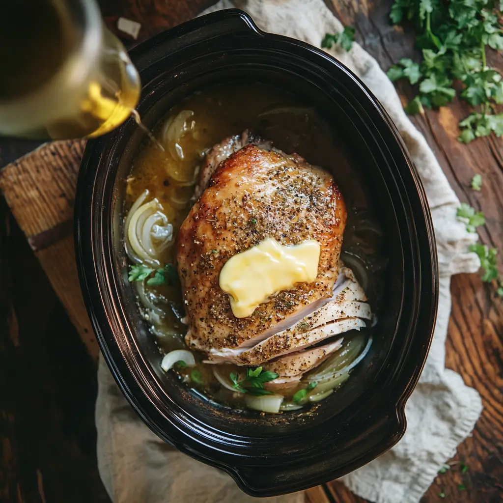 Resting Crockpot Turkey Breast with meat thermometer and herbs on counter