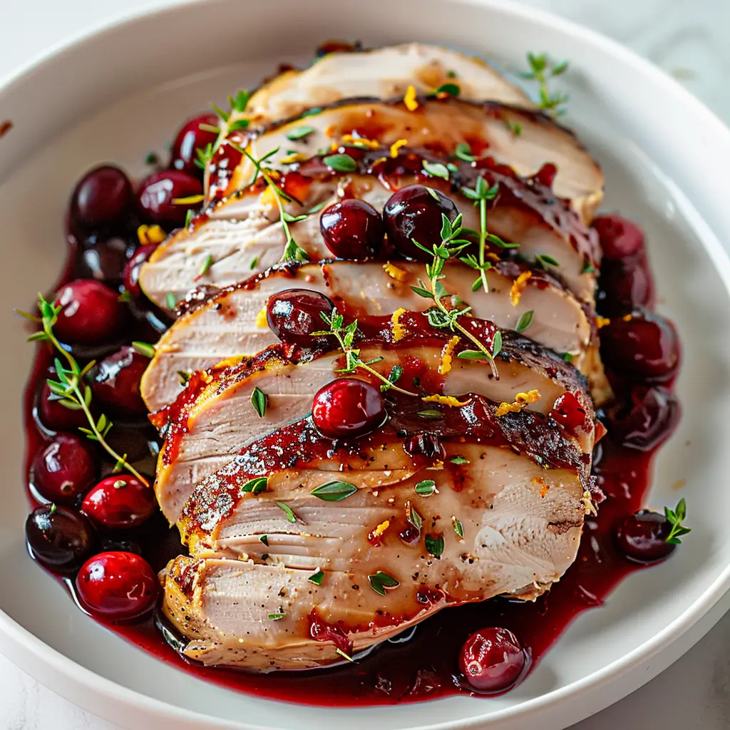 Crockpot Turkey Cranberry served with juicy turkey slices and cranberry glaze