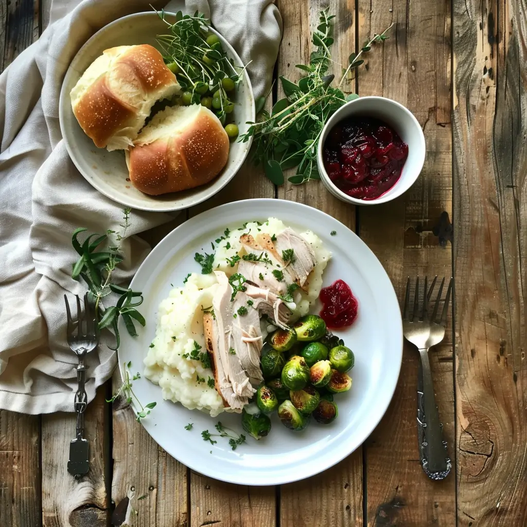 Crockpot Turkey Cranberry with mashed potatoes, Brussels sprouts, and rolls
