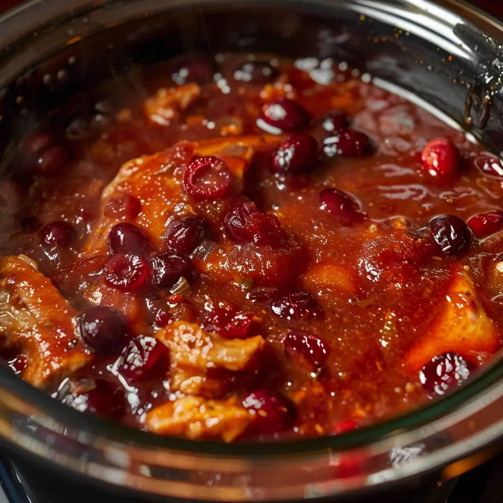 Crockpot turkey cranberry cooking with bubbling sauce