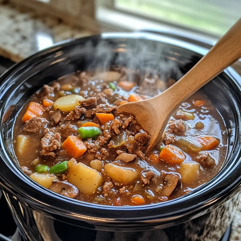 Hearty Beef and Vegetable Stew cooking in a crockpot with beef and vegetables simmering