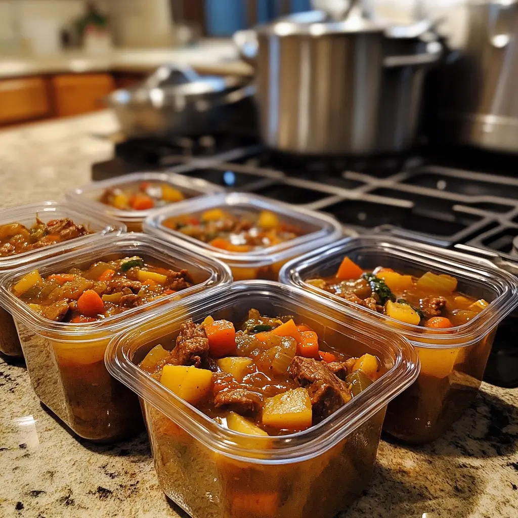 Meal prep containers of Hearty Beef and Vegetable Stew ready for freezing and reheating