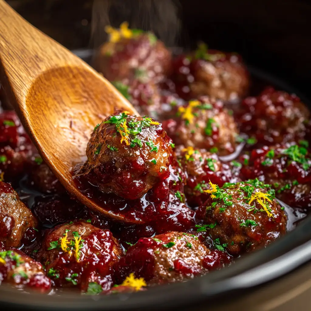 Holiday Cranberry Orange Meatballs cooking in a slow cooker