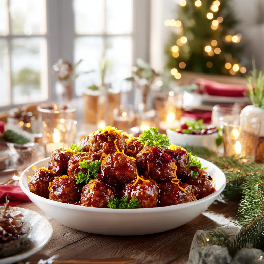 Holiday Cranberry Orange Meatballs served on a festive table