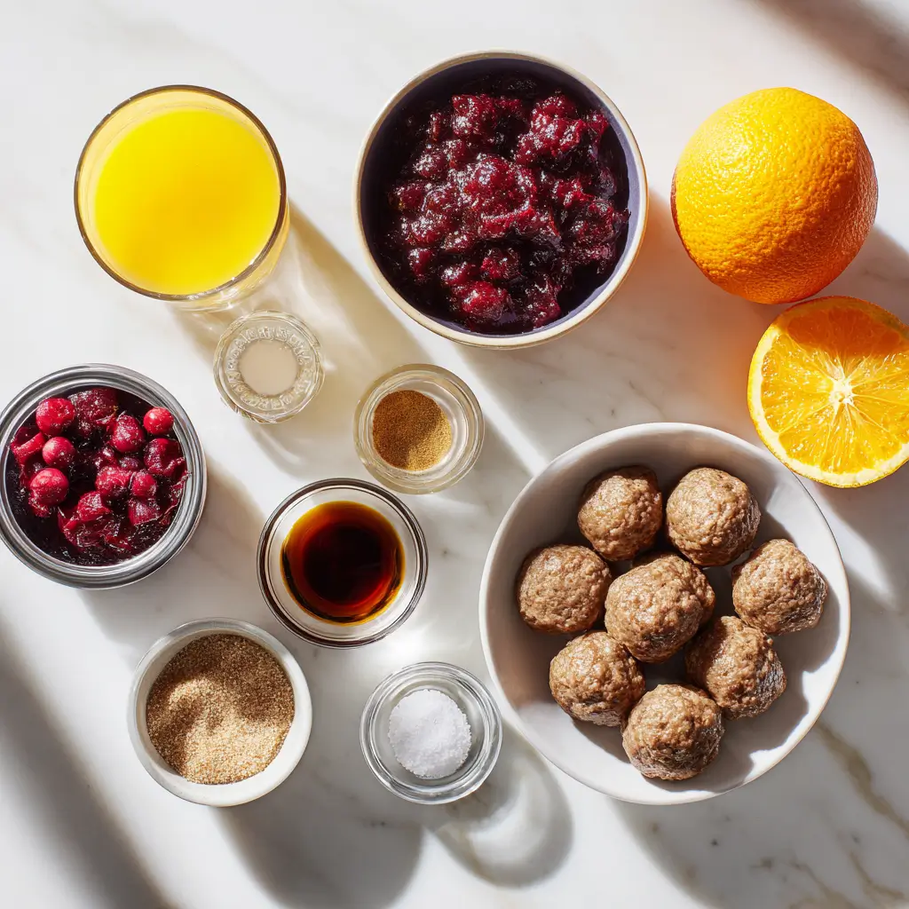 Ingredients for Holiday Cranberry Orange Meatballs arranged on kitchen counter