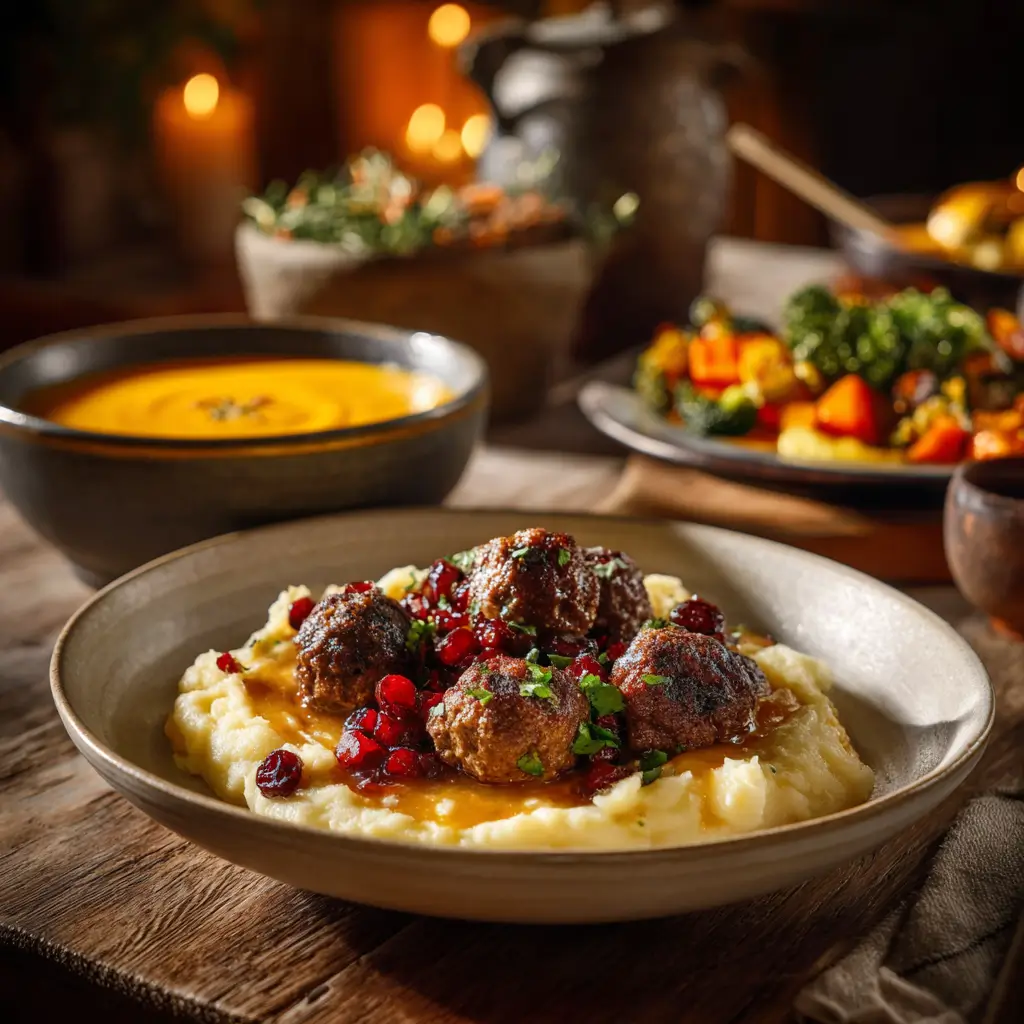 Holiday Cranberry Orange Meatballs with mashed potatoes and roasted vegetables