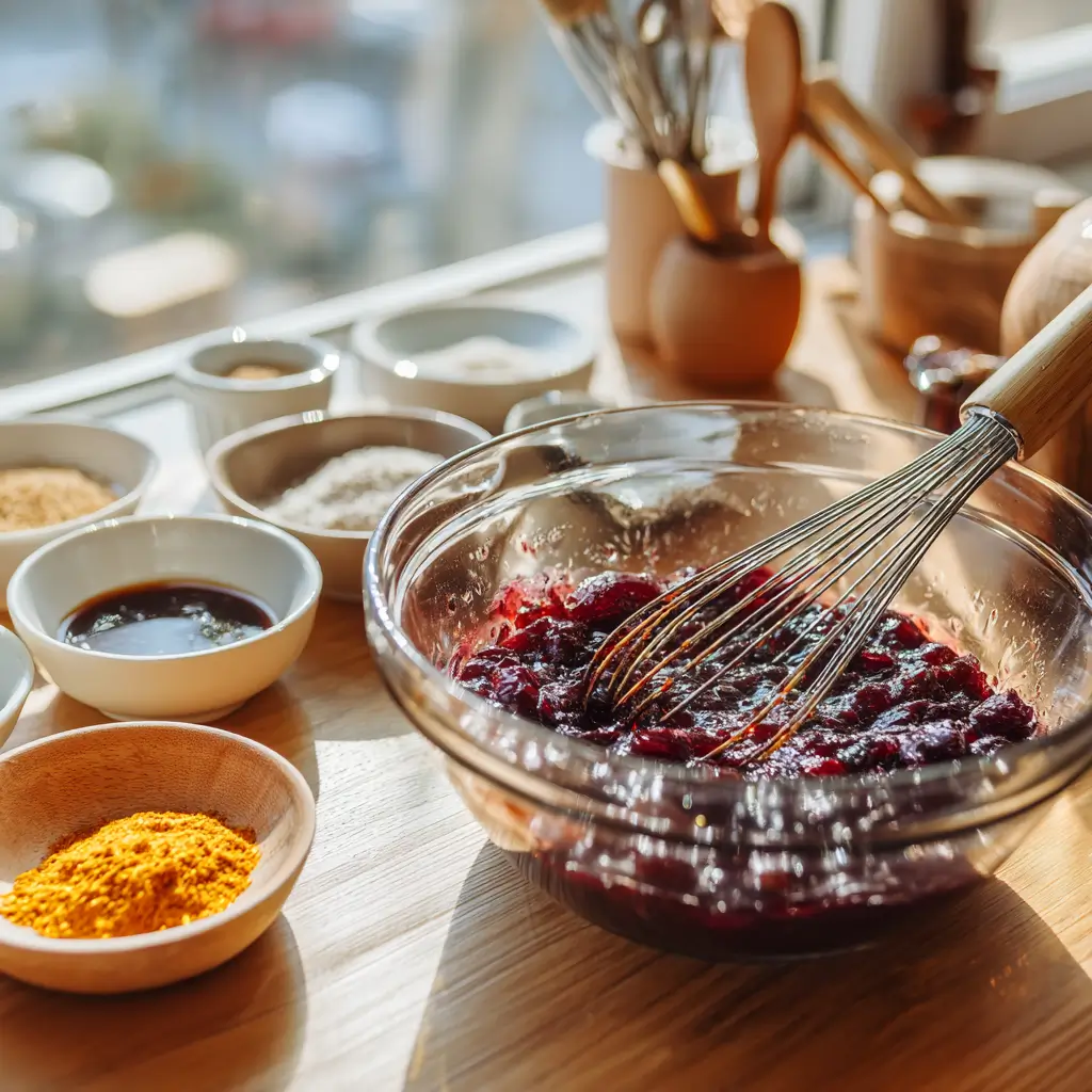 Whisking cranberry orange sauce for meatballs