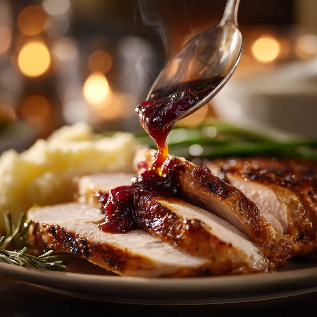 Glazing sliced holiday turkey with cranberry mandarin sauce