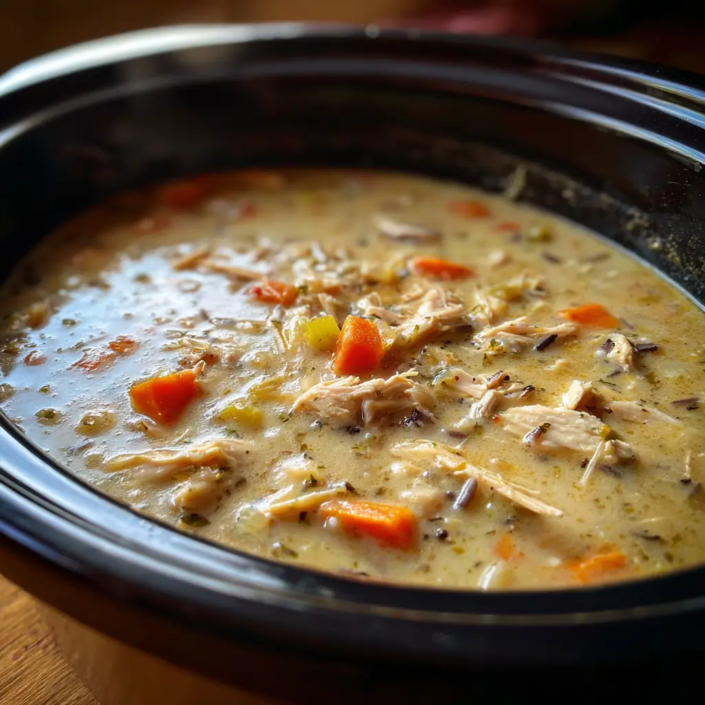 Creamy Leftover Turkey & Wild Rice Soup simmering in a slow cooker